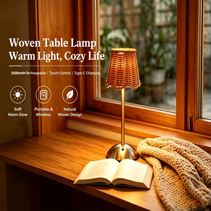 Desk Setup Lamp - Bohemiczna tkana lampa stołowa z rattanu,